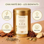 Chai Maté Bio Place des Thés : boîte dorée avec infographie des bienfaits énergie, vitalité, concentration