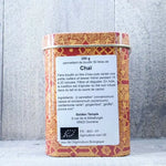 Vue de dos d'une une boite d'infusion Infusion Chaï Bio 250 g Atma avec son étiquette 
