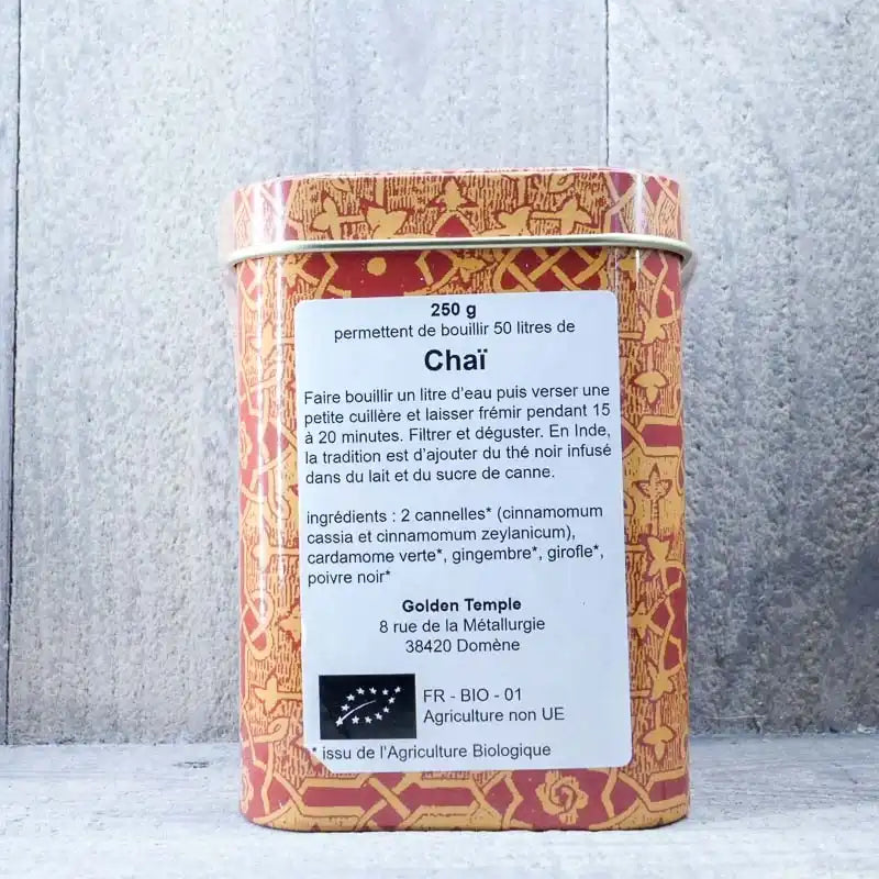Vue de dos d'une une boite d'infusion Infusion Chaï Bio 250 g Atma avec son étiquette 