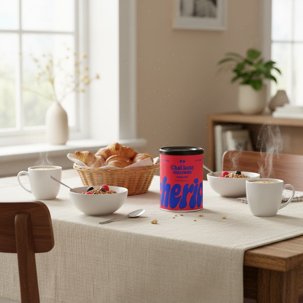 Une boite de chia latte posé sur une table de petit dejeuner.