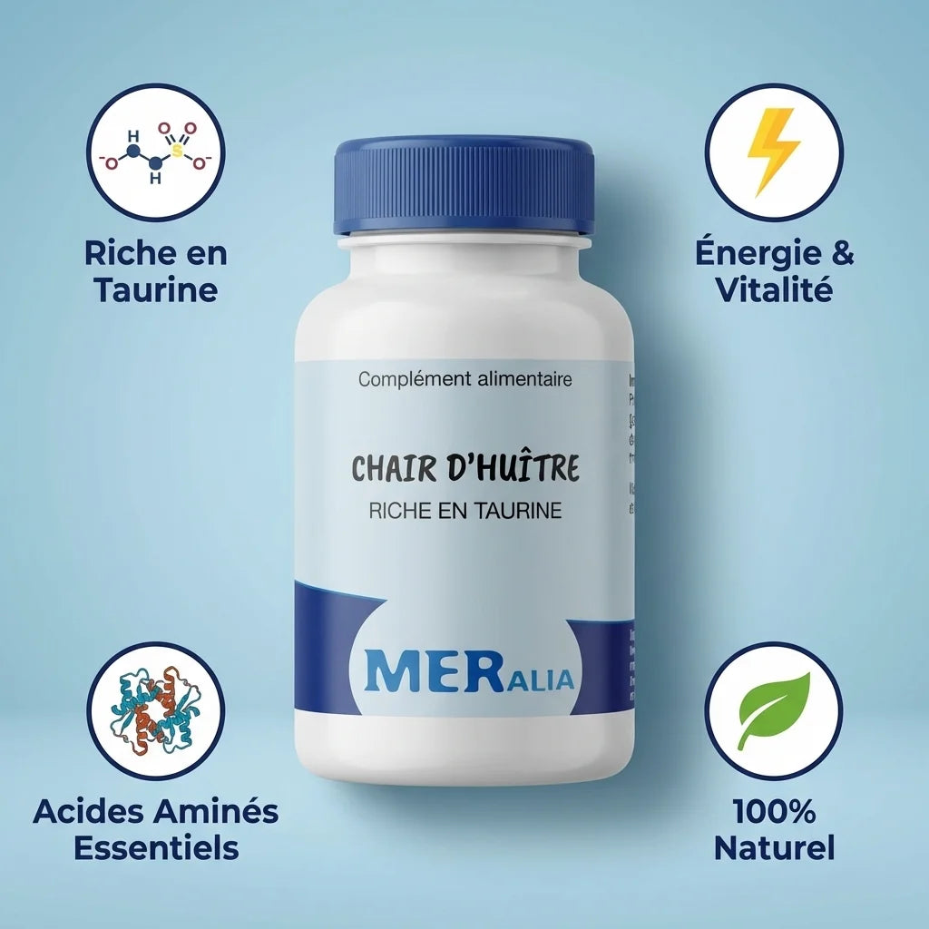 Chair d'huîtres MERalia 60 gélules avec bénéfices : taurine, énergie, acides aminés, 100% naturel