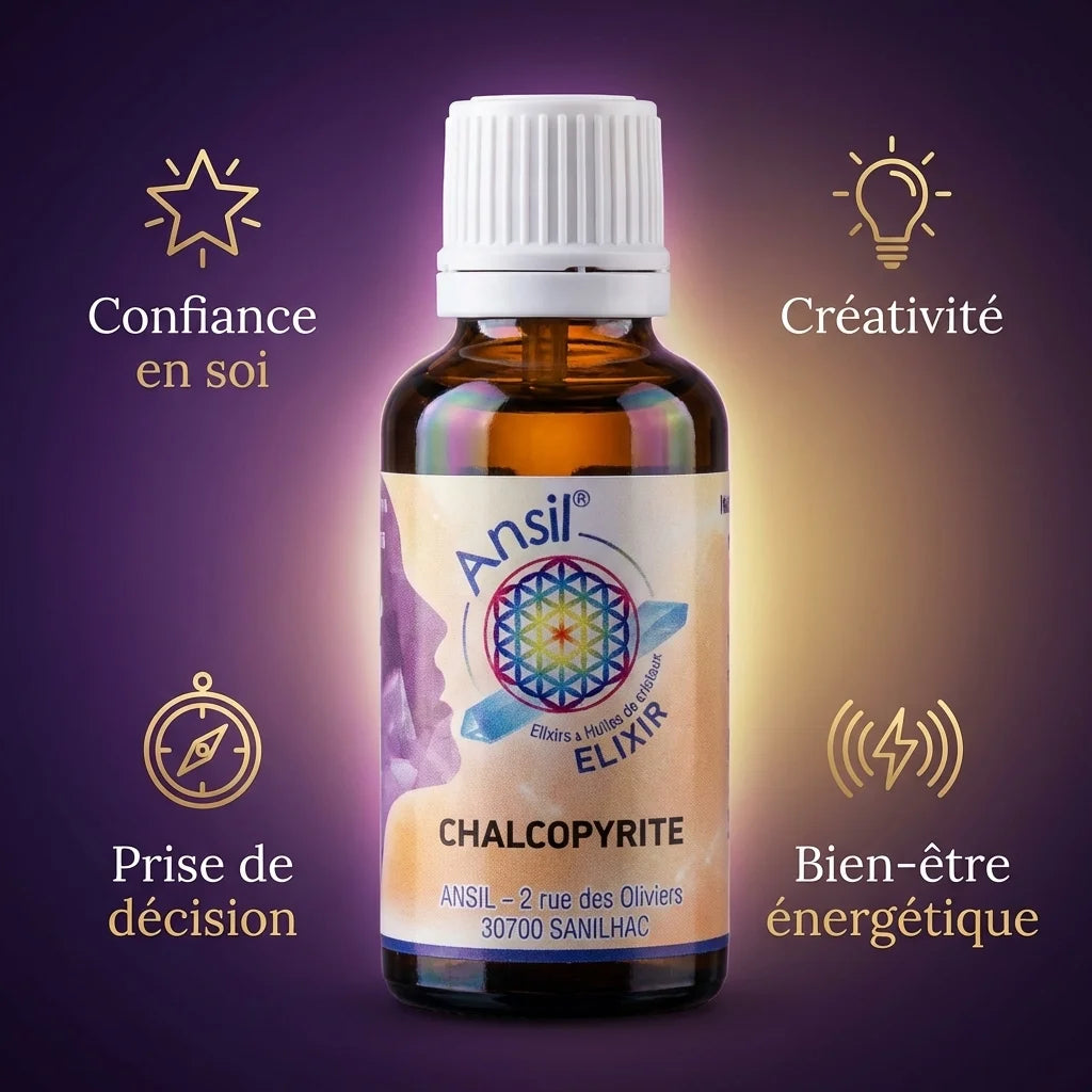 Flacon Chalcopyrite Elixir 30ml Ansil avec icônes bien-être et confiance en soi