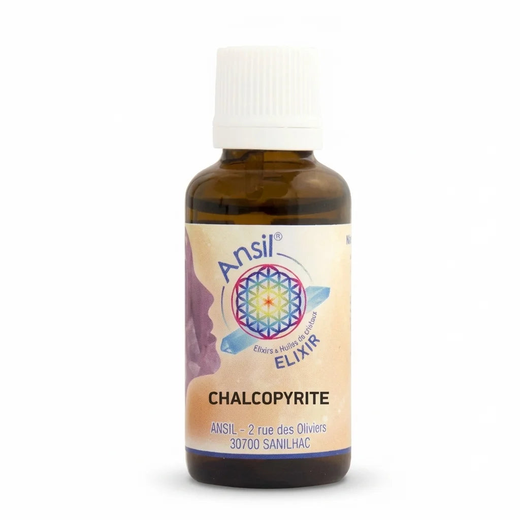 Flacon Chalcopyrite Elixir 30 ml Ansil en verre ambré avec étiquette mandala fleur de vie