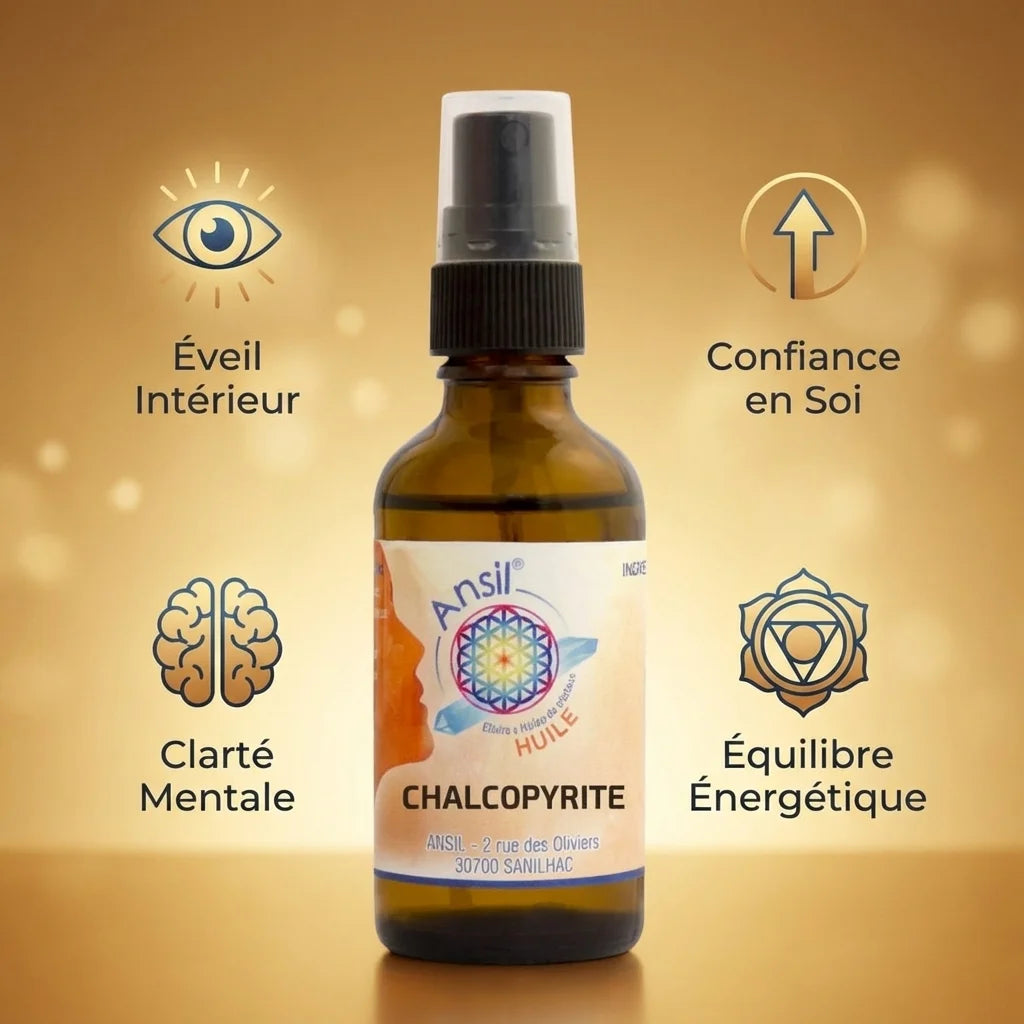 Ansil Chalcopyrite huile cristal 50ml avec bénéfices bien-être et équilibre énergétique