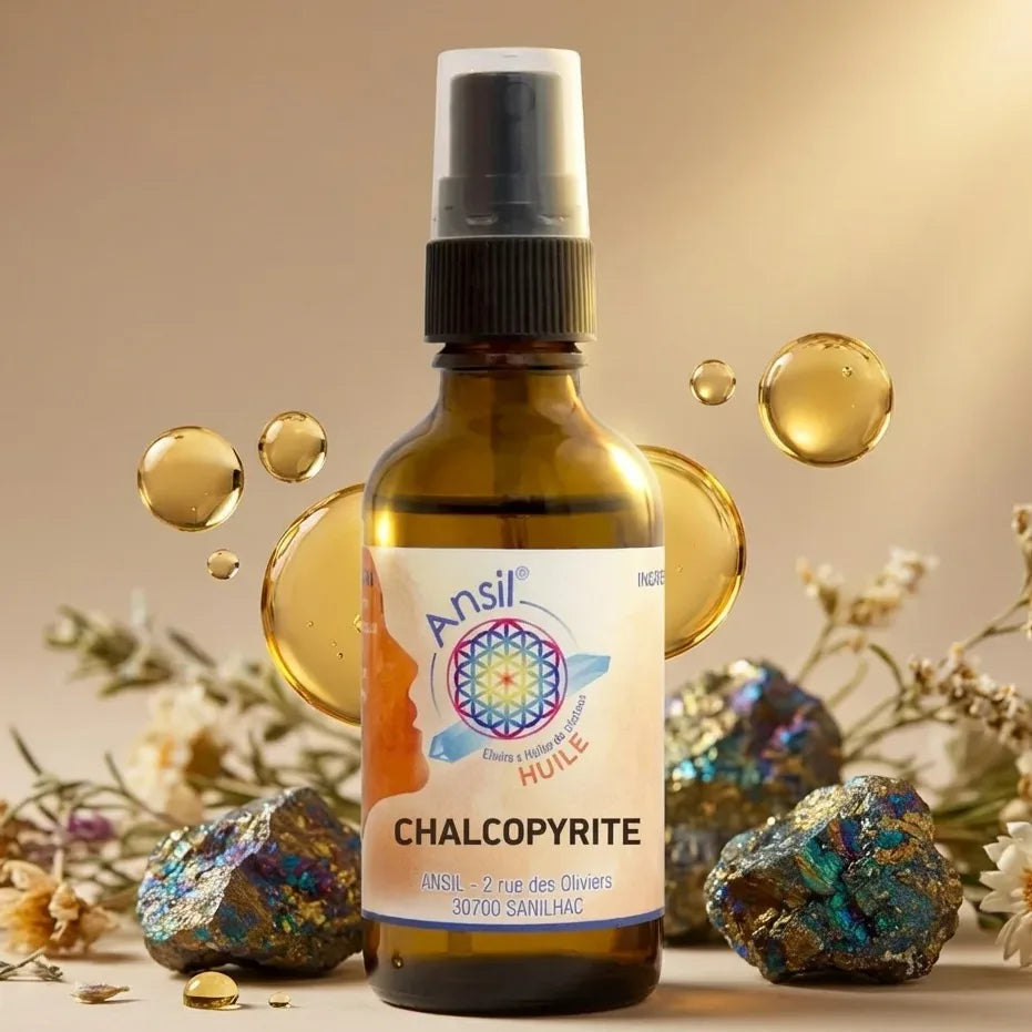 Chalcopyrite huile cristal 50ml Ansil avec cristaux et ingrédients naturels