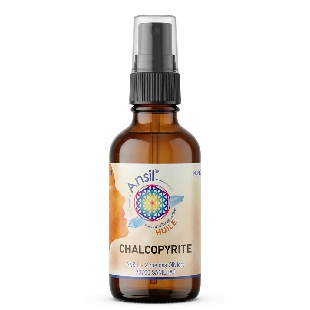 Chalcopyrite huile cristal 50ml Ansil flacon verre ambré avec spray