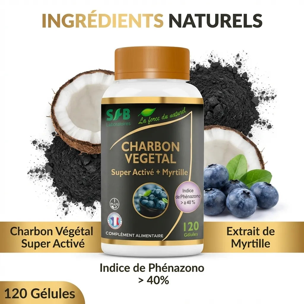 Charbon Super Activé + Myrtille 120 gélules SFB Laboratoires avec ingrédients naturels