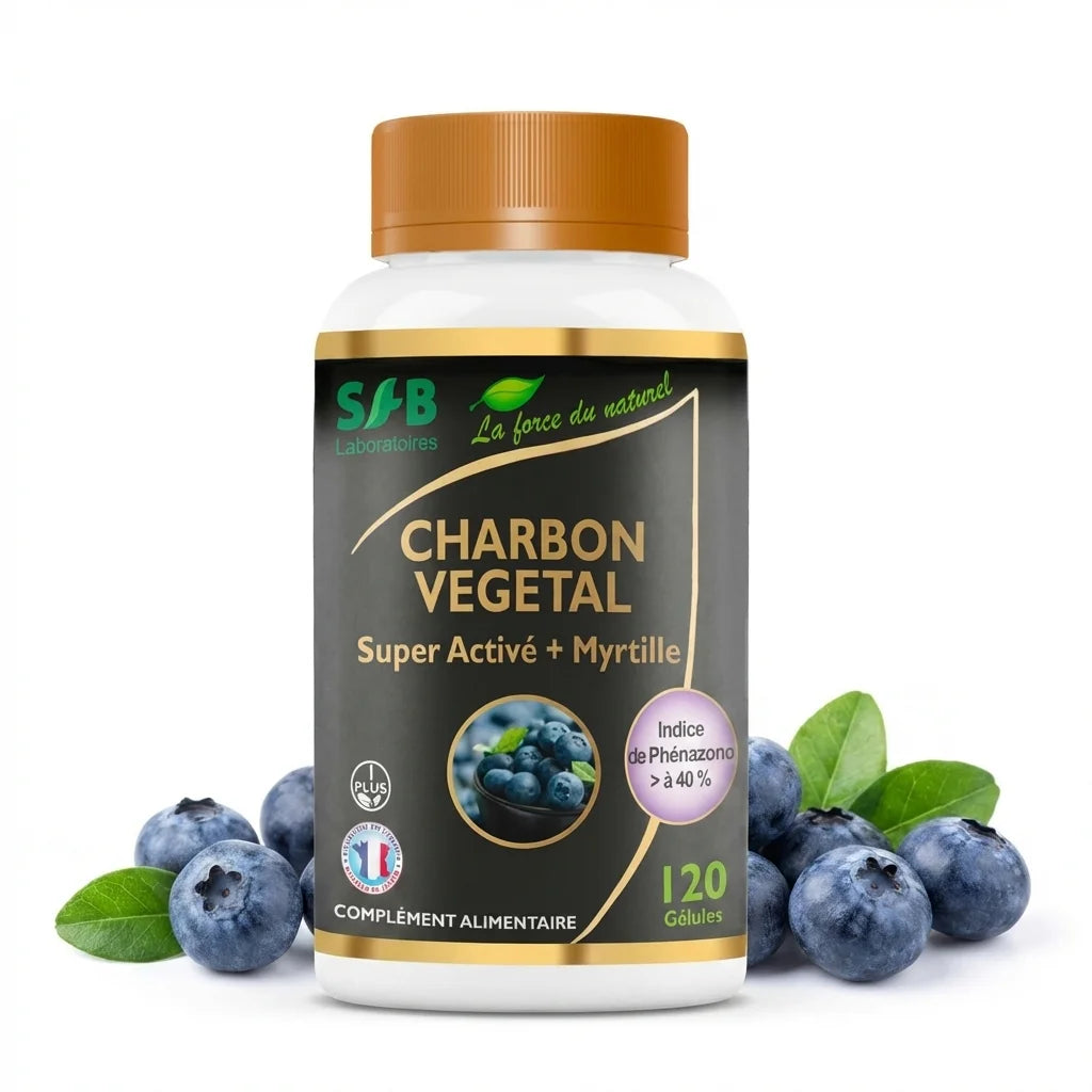 Charbon activé et myrtille 120 gélules SFB Laboratoires avec myrtilles fraîches