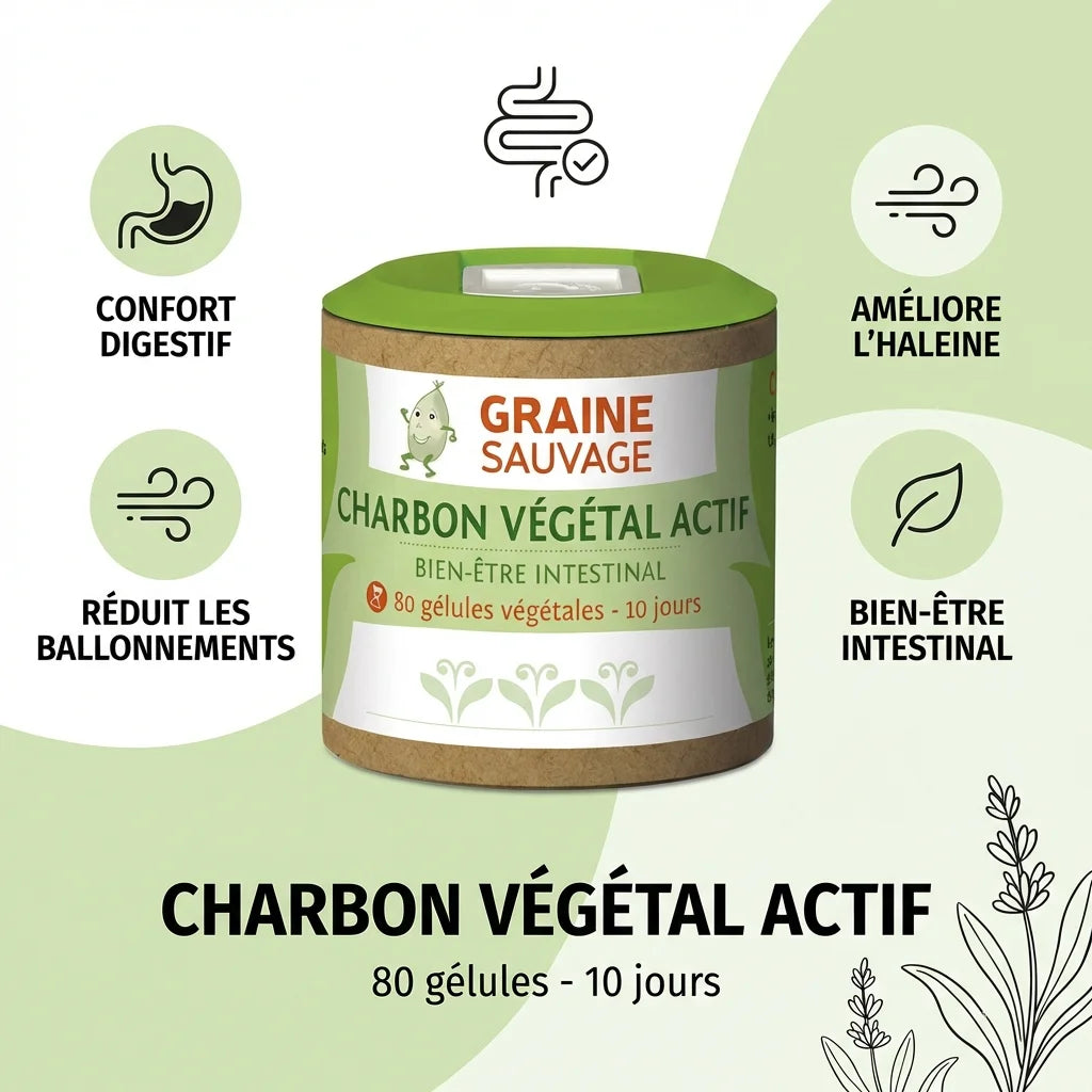 Charbon Végétal Actif 80 gélules avec infographies bénéfices digestifs et bien-être intestinal