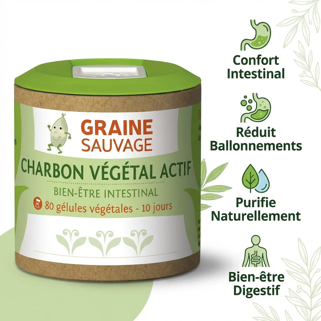 Charbon végétal actif 80 gélules Graine Sauvage avec bénéfices digestifs et anti-ballonnements