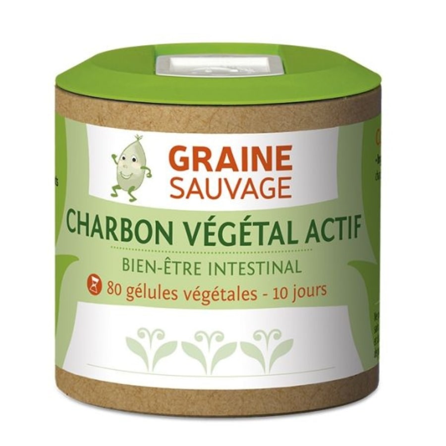 Une boîte de 80 gélules de charbon végétal actif de la marque Graine Sauvage