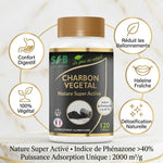 Charbon Végétal Activé 120 gélules SFB avec bénéfices digestifs, détoxification et haleine fraîche