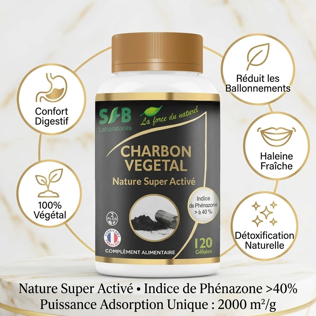 Charbon Végétal Activé 120 gélules SFB avec bénéfices digestifs, détoxification et haleine fraîche