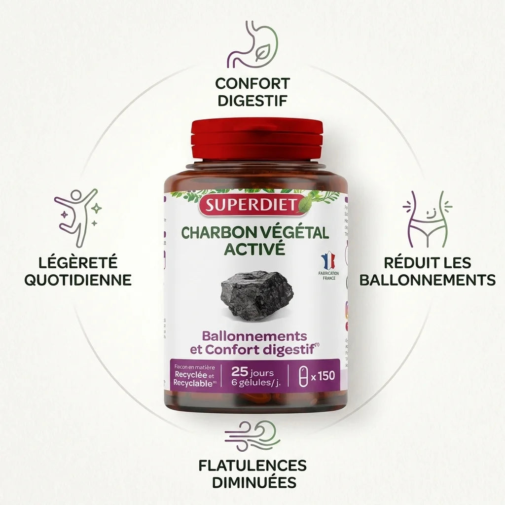 Charbon Végétal Activé Superdiet 150 gélules avec bénéfices digestifs confort ballonnements