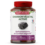 Charbon végétal activé Superdiet 150 gélules en flacon verre ambré avec étiquette blanche
