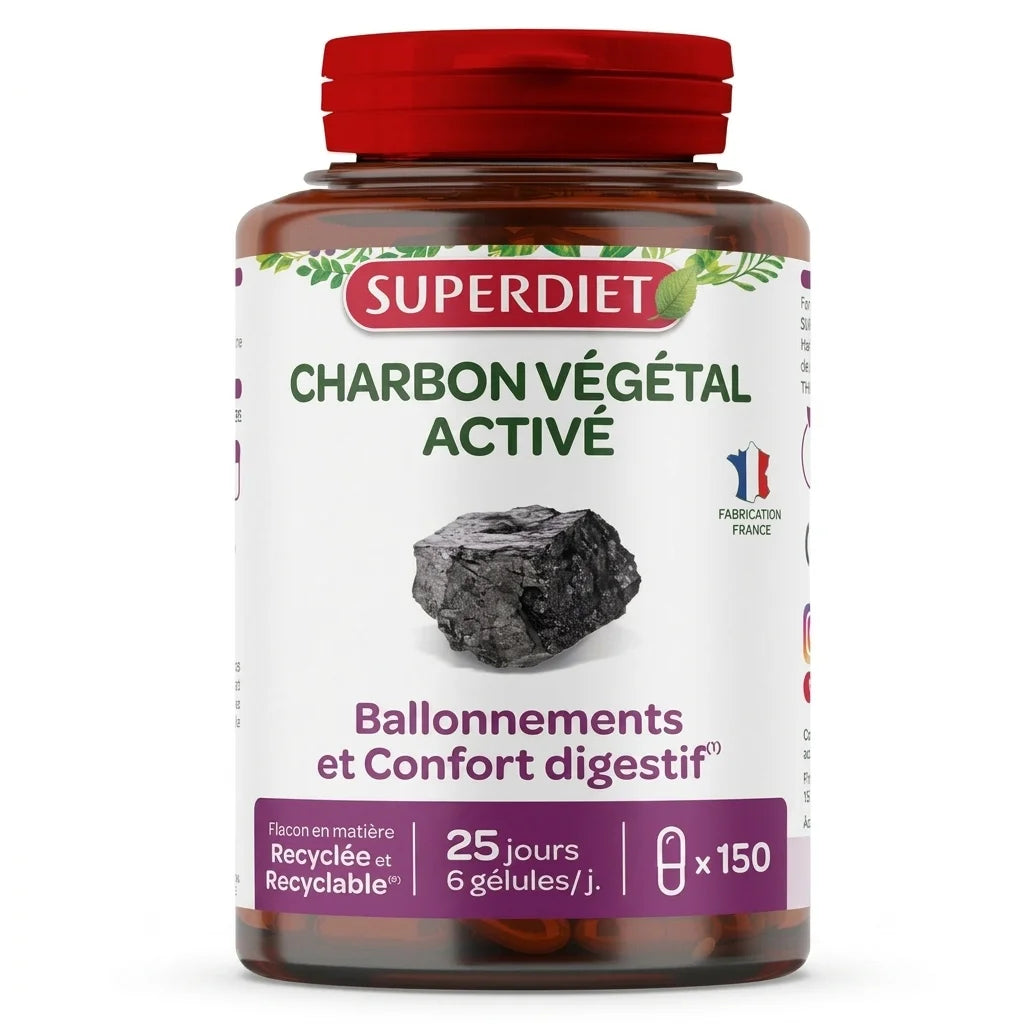 Charbon végétal activé Superdiet 150 gélules en flacon verre ambré avec étiquette blanche