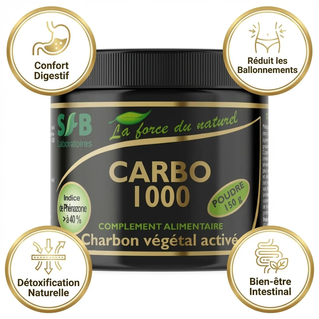 Charbon Végétal Activé CARBO 1000 150g avec bénéfices digestifs et détoxification naturelle