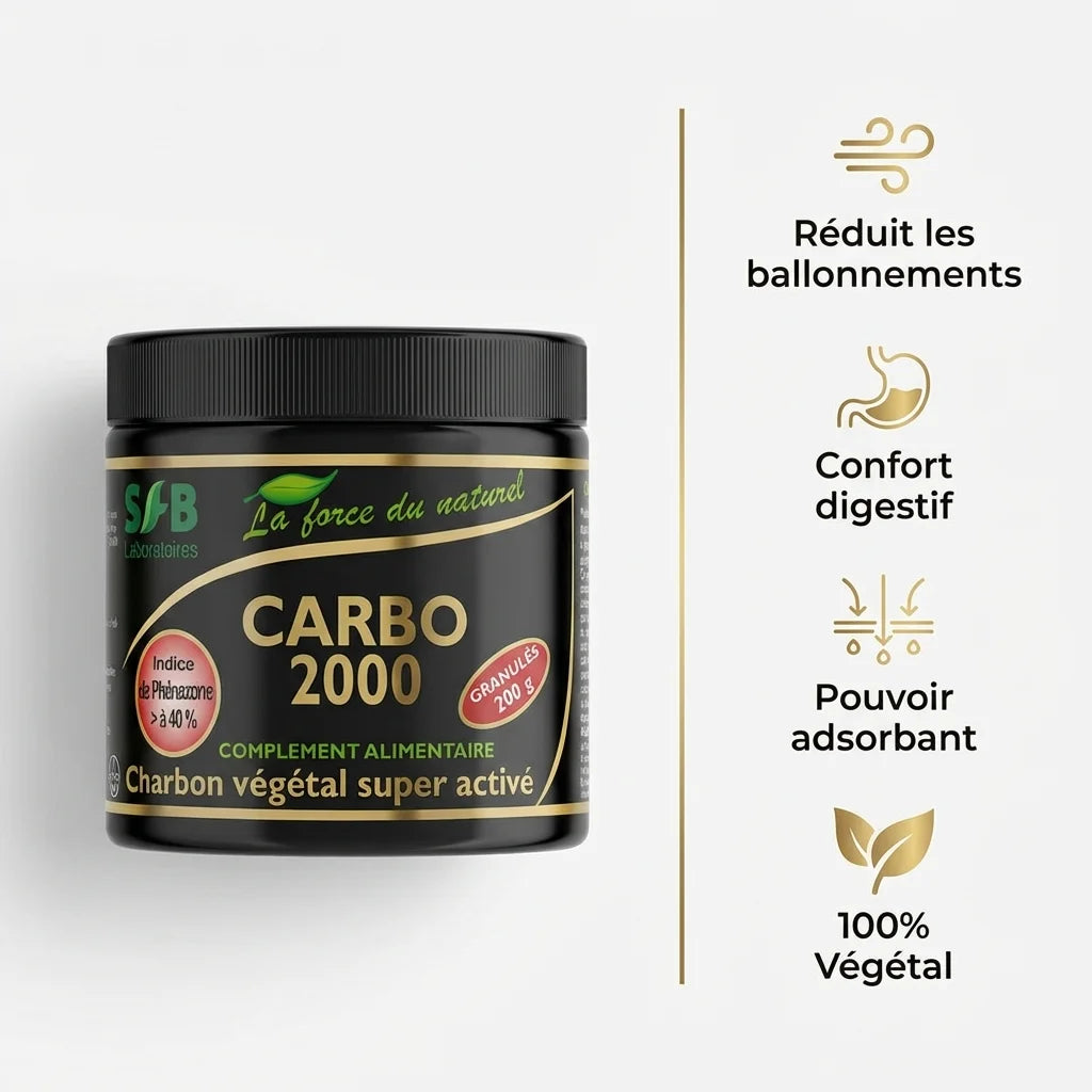 Charbon Végétal Super Activé CARBO 2000 200g avec bénéfices digestifs et pouvoir adsorbant