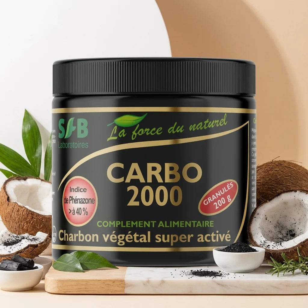Charbon végétal activé CARBO 2000 200g SFB Laboratoires avec feuilles vertes et noix de coco