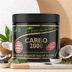 Charbon végétal activé CARBO 2000 200g SFB Laboratoires avec feuilles vertes et noix de coco