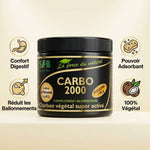 Charbon végétal activé CARBO 2000 poudre 100g avec icônes bénéfices digestifs et 100% végétal
