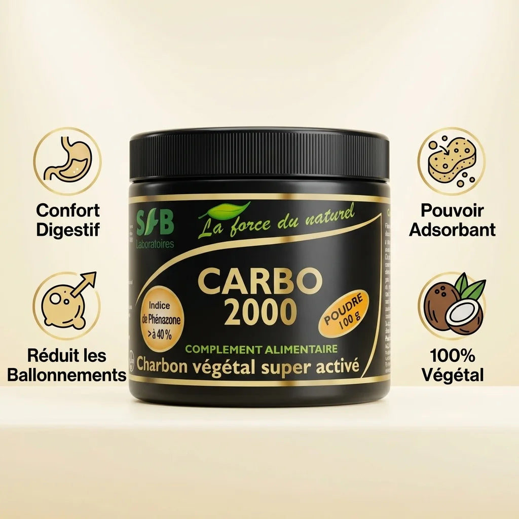 Charbon végétal activé CARBO 2000 poudre 100g avec icônes bénéfices digestifs et 100% végétal