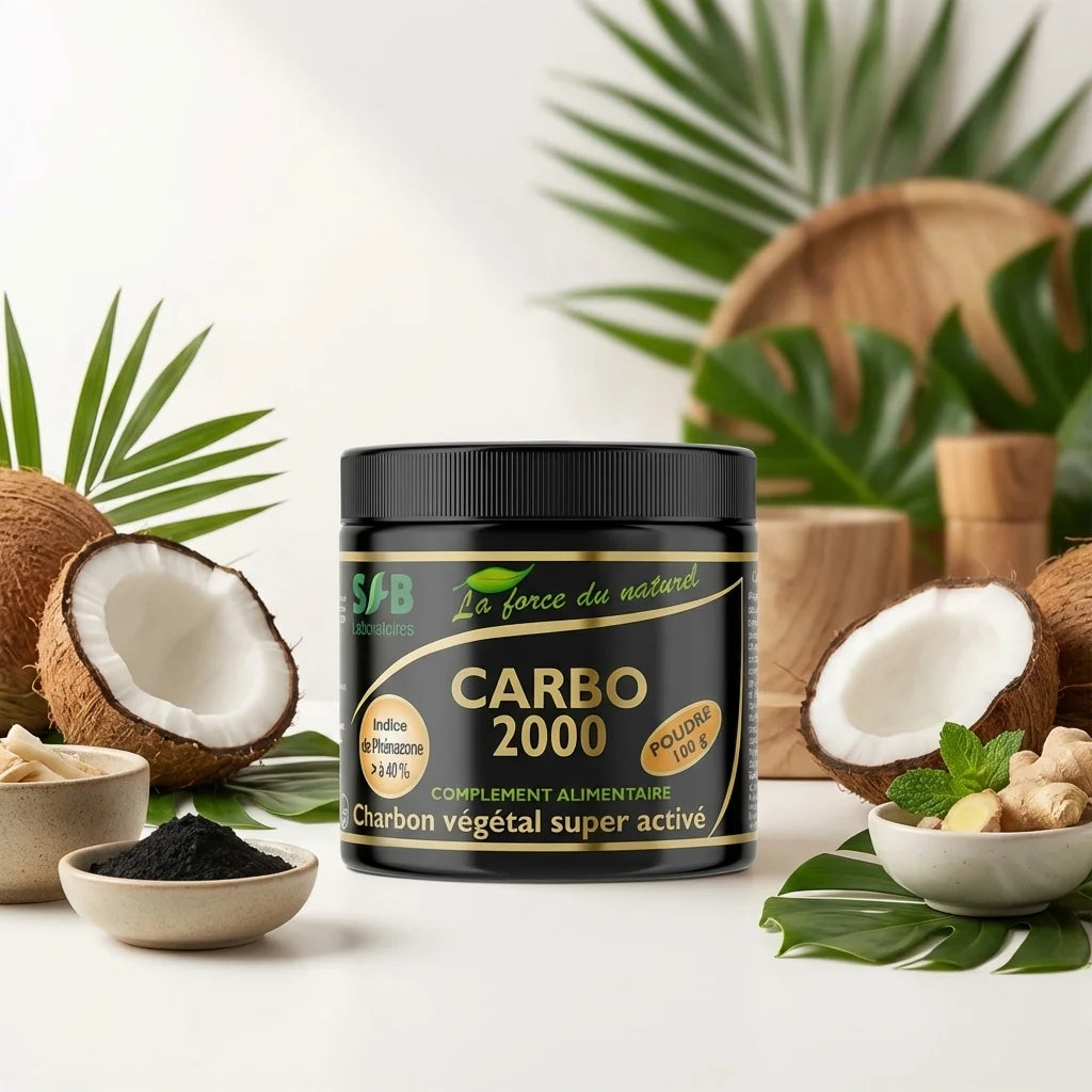 Charbon végétal activé CARBO 2000 poudre 100g avec noix de coco et feuilles vertes