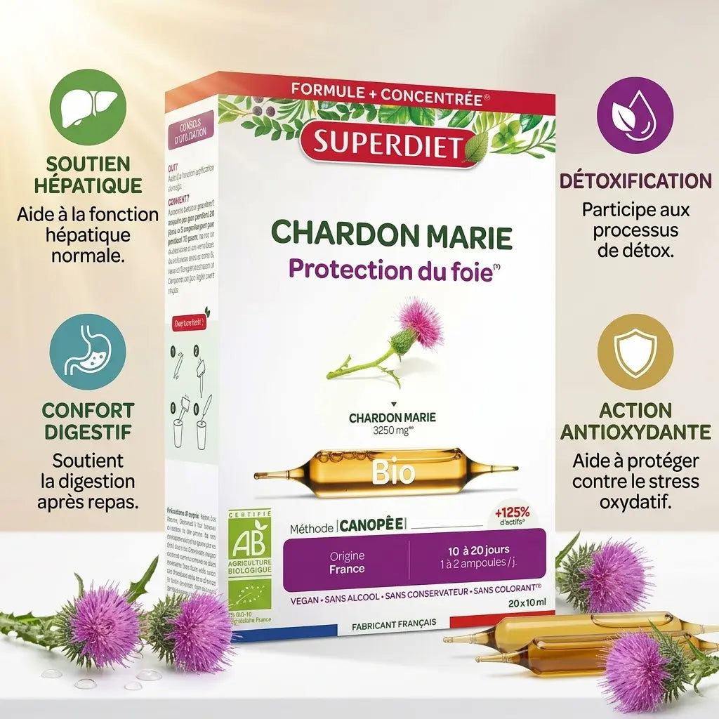 Superdiet Chardon Marie Bio 20 ampoules 15ml avec bénéfices hépatiques, détoxification et antioxydants