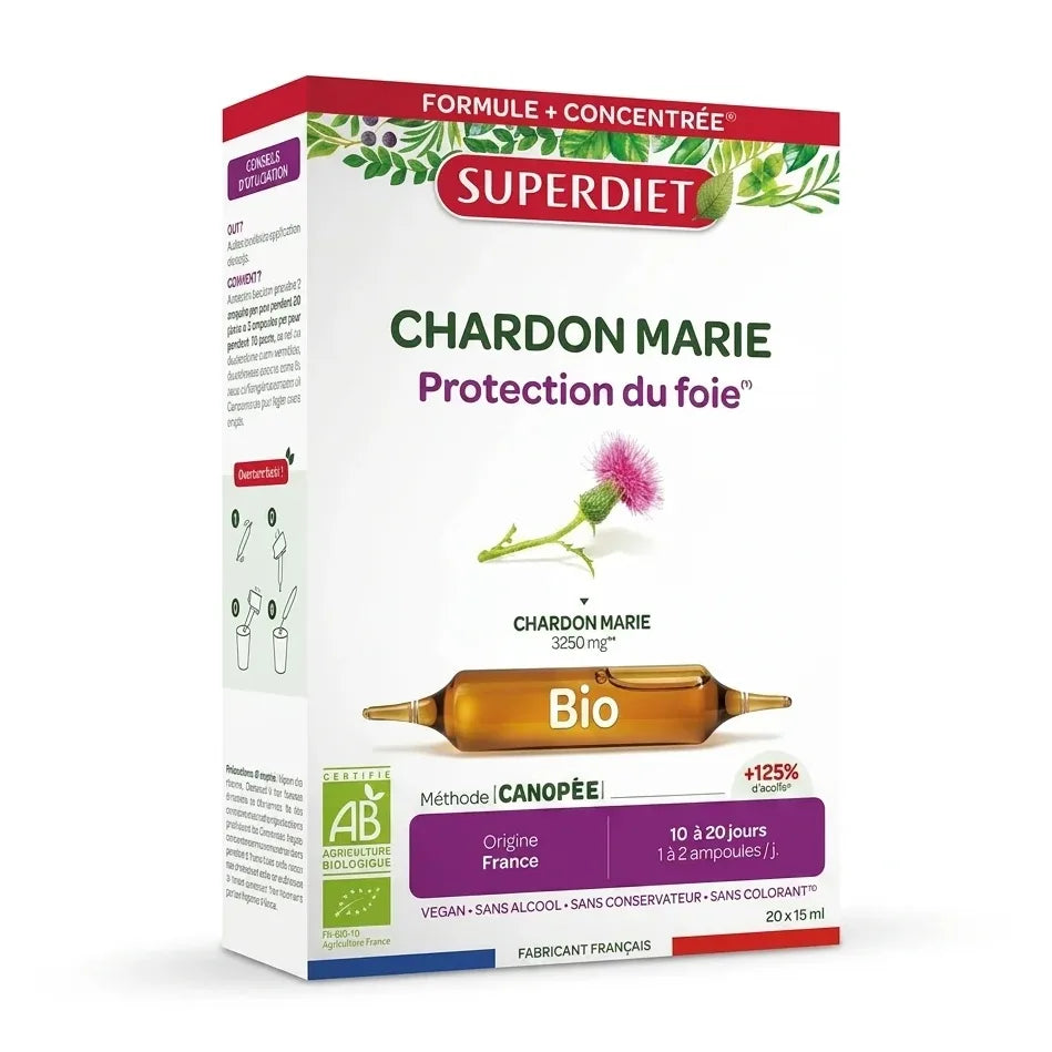 Chardon Marie Bio Superdiet 20 ampoules 15ml - Protection du foie naturelle certifiée AB
