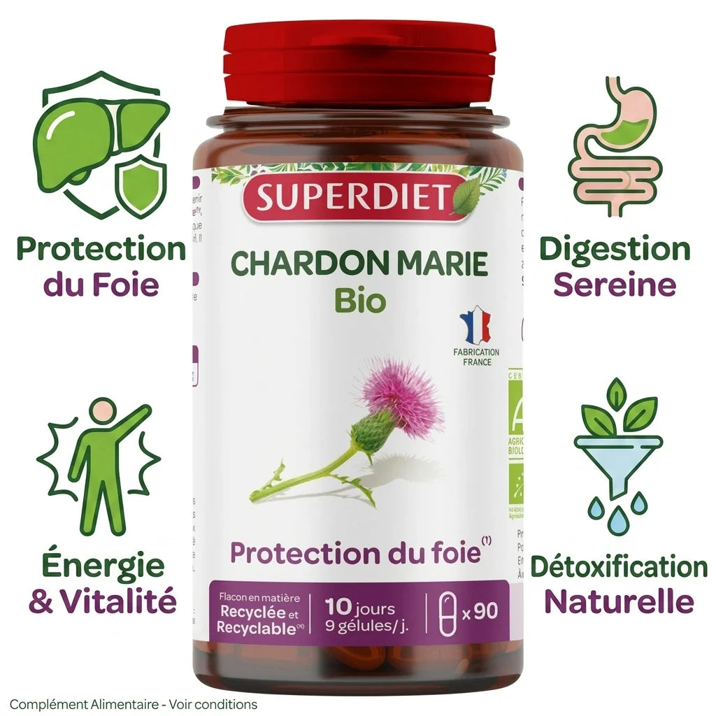 Chardon Marie Bio 90 gélules Superdiet avec bénéfices foie, digestion, énergie et détoxification