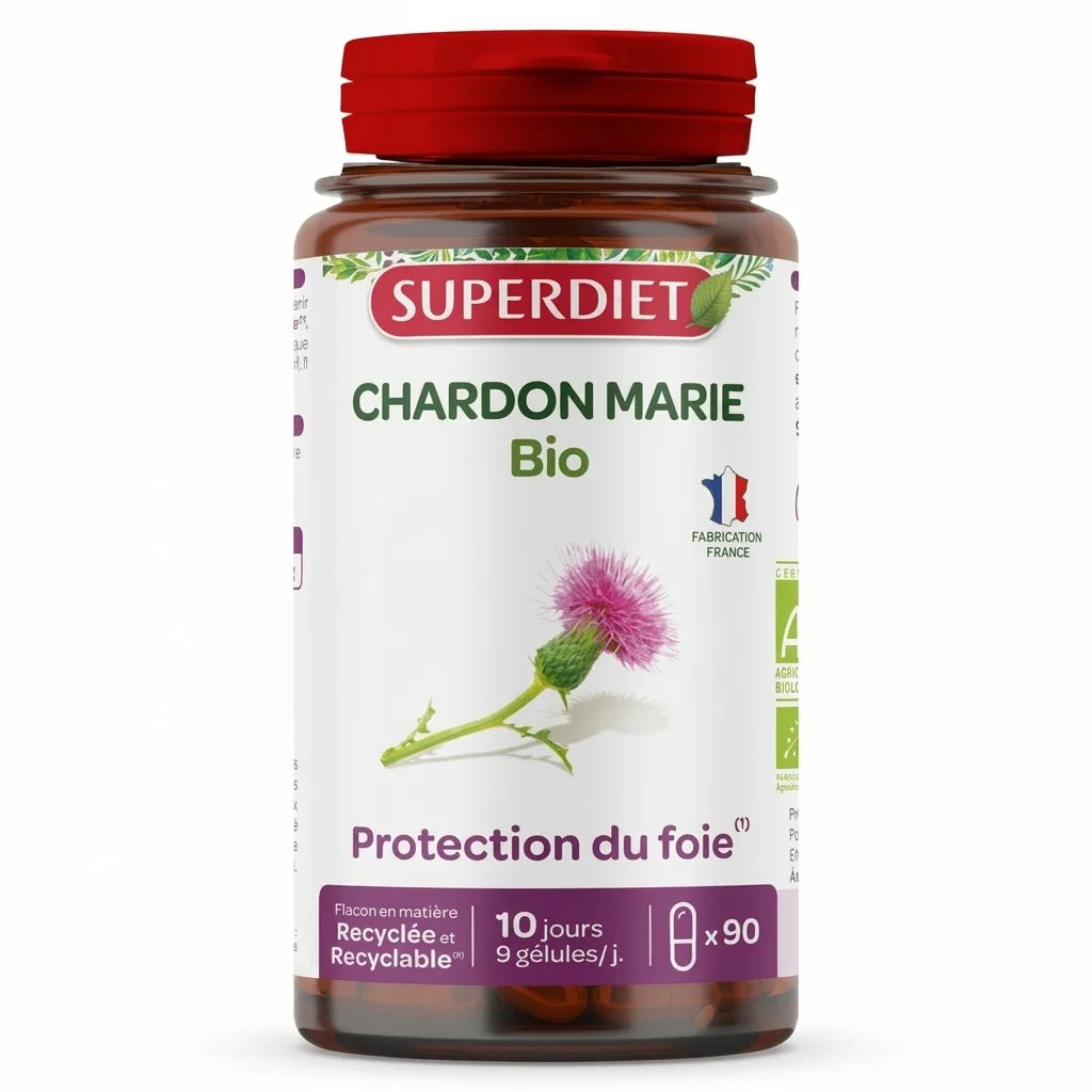 Flacon Chardon Marie Bio 90 gélules Superdiet en verre ambré, complément alimentaire naturel