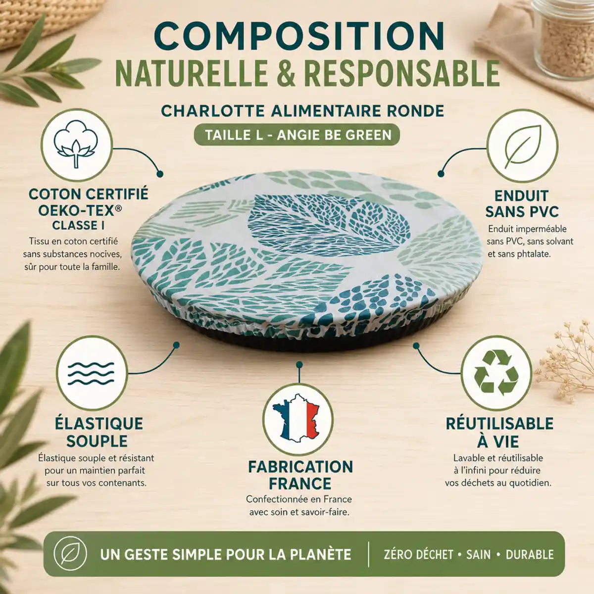Charlotte alimentaire ronde Taille L Angie Be Green - coton Oeko-Tex, enduit sans PVC, fabrication France