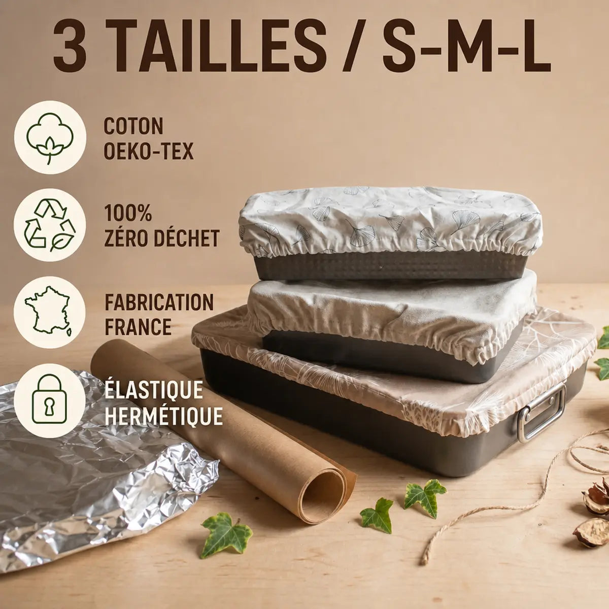 Charlottes rectangulaires Angie Be Green trio S/M/L en coton oeko-tex zéro déchet, fabrication française