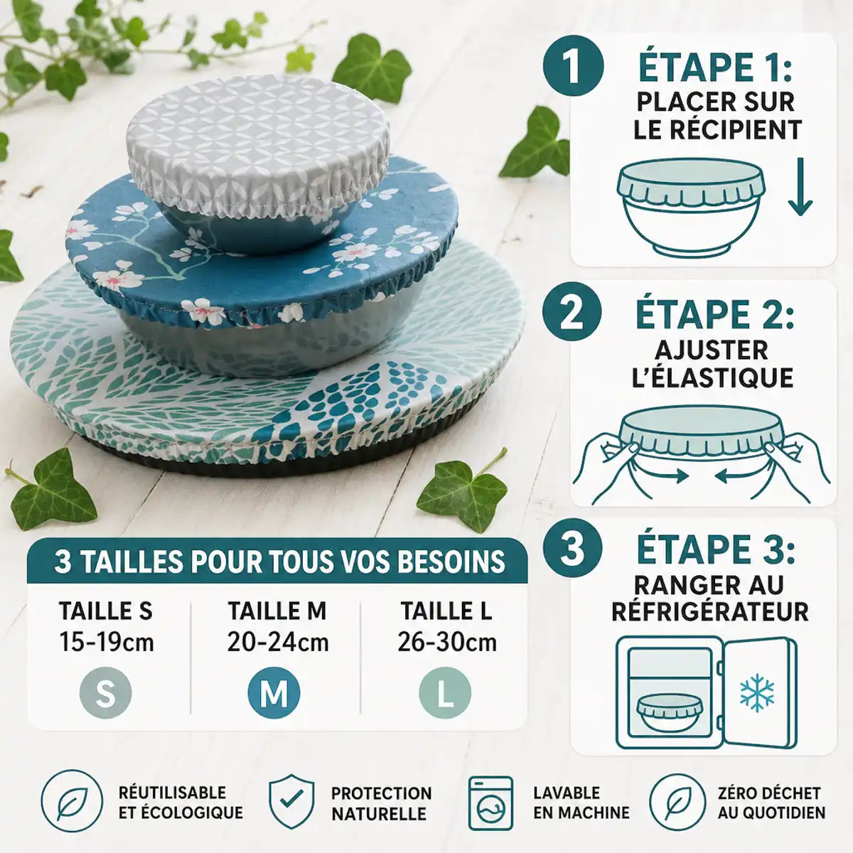 Charlottes alimentaires rondes Angie Be Green en coton enduit, tailles S M L avec guide d'utilisation