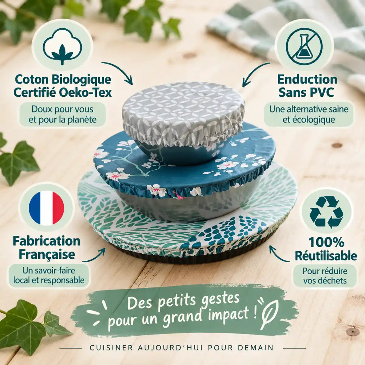 Trois charlottes alimentaires rondes Angie Be Green en coton enduit, empilées sur fond bois clair