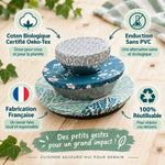 Trois charlottes alimentaires rondes Angie Be Green en coton enduit, empilées sur fond bois clair