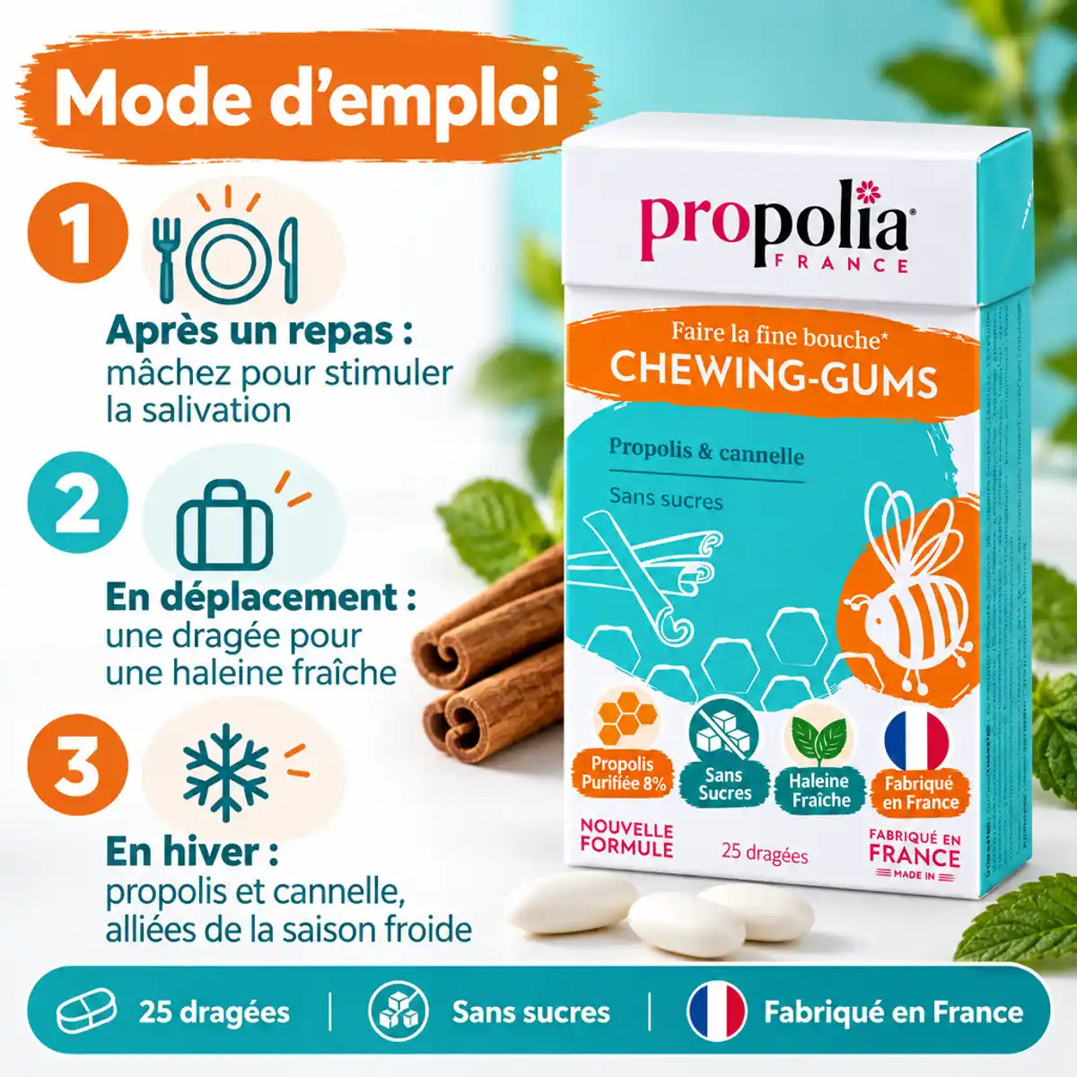 Chewing-gum sans sucre propolis et cannelle Propolia, 25 dragées, packshot avec mode d'emploi en 3 étapes