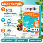 Chewing-gum sans sucre propolis et cannelle Propolia, 25 dragées, packshot avec mode d'emploi en 3 étapes