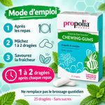 Boîte de chewing-gum sans sucre propolis menthe Propolia : mode d'emploi, 1 à 2 dragées après chaque repas