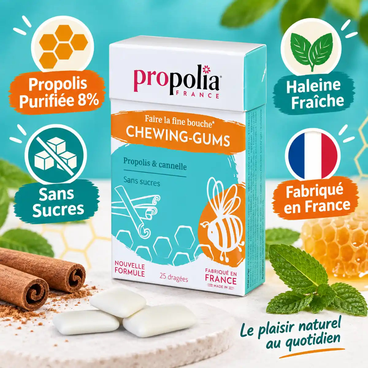 Chewing-gums sans sucres Propolia Propolis Cannelle 25 dragées avec bénéfices