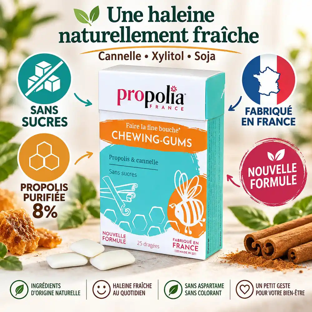 Chewing-gums Propolia sans sucres à la propolis et cannelle, 25 dragées, fabriqué en France