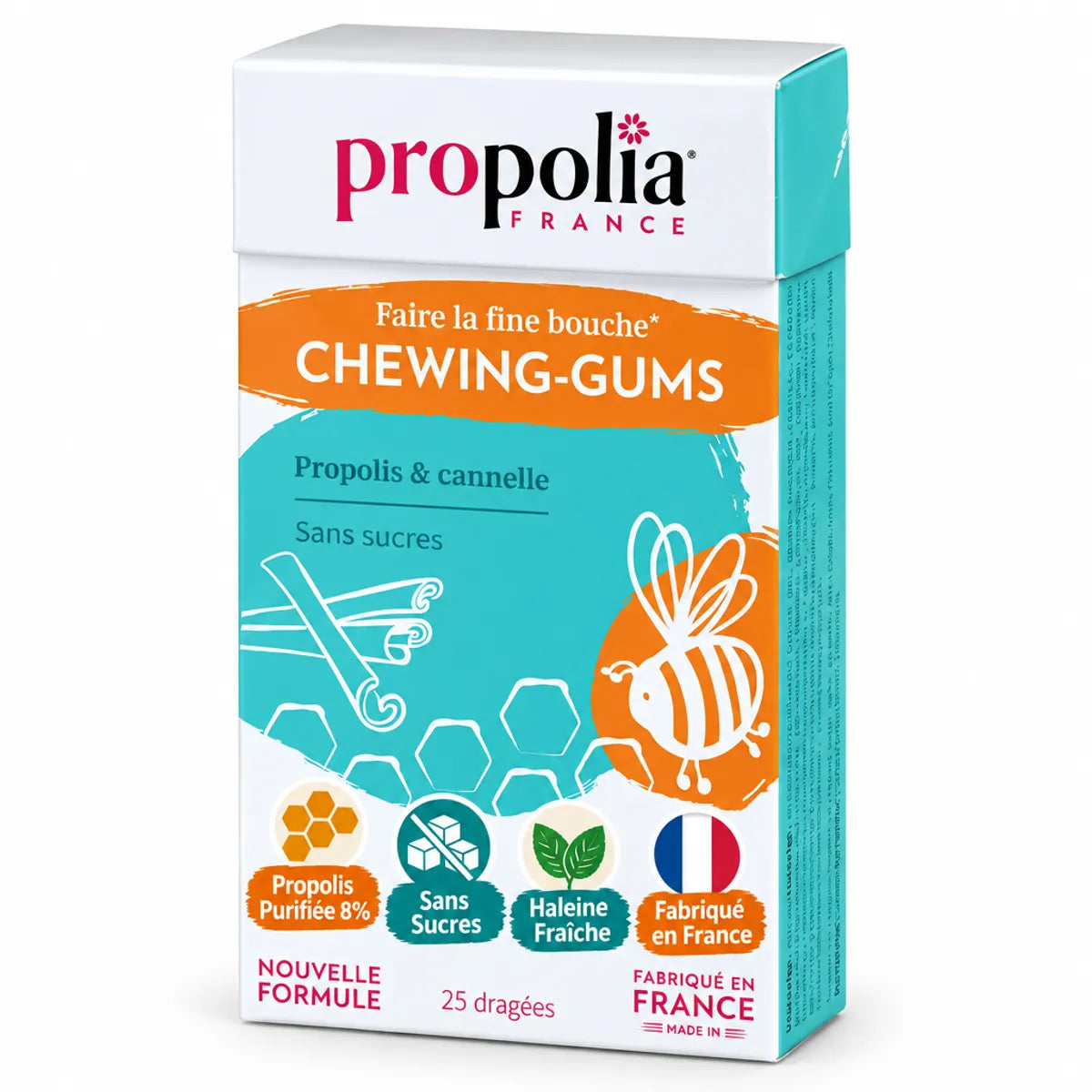 Chewing-gums sans sucre Propolis Cannelle Propolia 25 dragées - Boîte turquoise et blanche