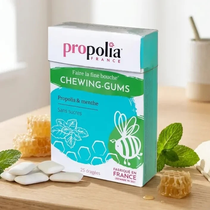 Chewing-gums sans sucre Propolis Menthe Propolia 25 dragées sur bureau avec feuilles menthe fraîche
