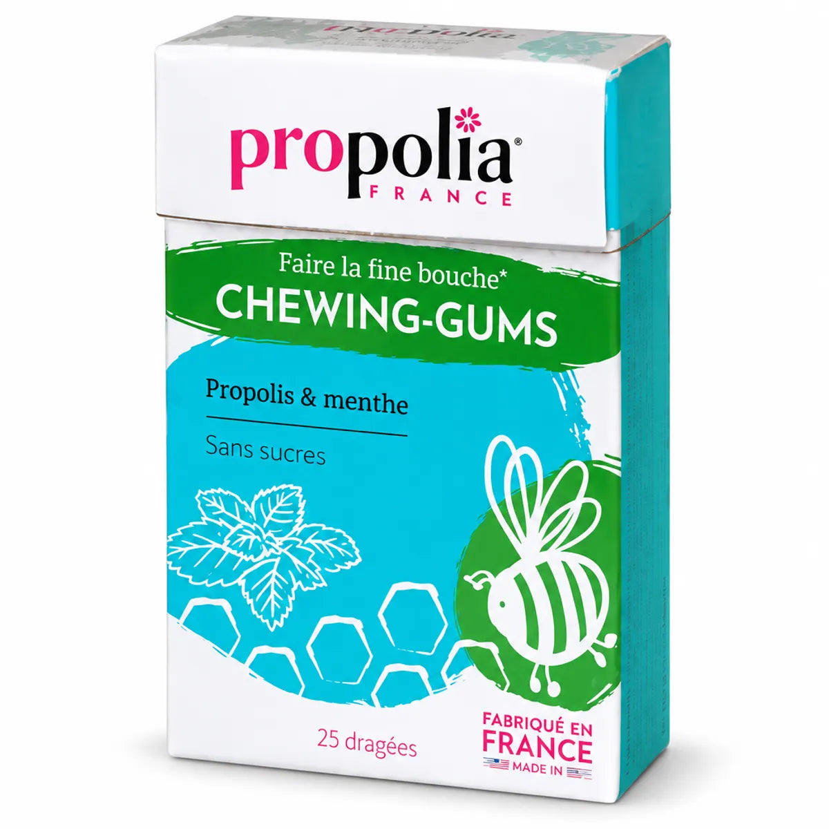 Boîte de chewing-gums sans sucres Propolis Menthe Propolia, 25 dragées, emballage turquoise et blanc