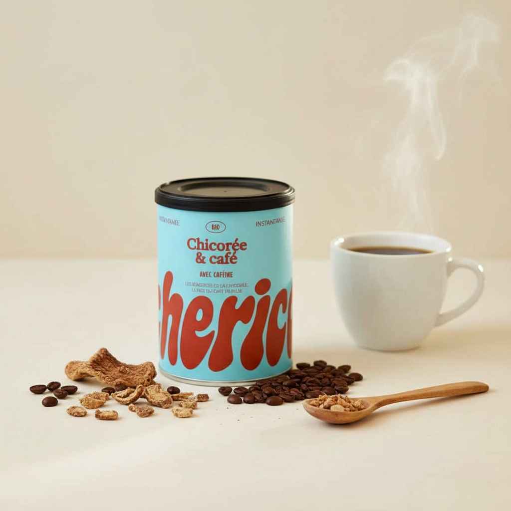 Une boîte de 80g de chicorée et café de la marque chérico accompagné d'une tasse et de fèves de cacao.