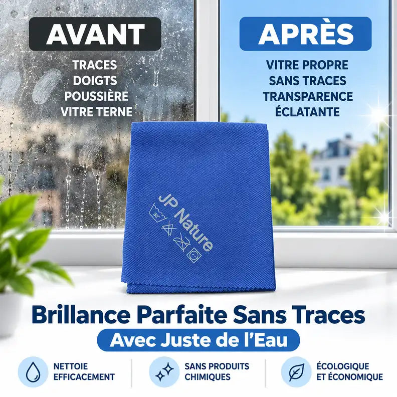 Chiffon JP Nature avant/après: vitre sale vs propre, brillance sans traces avec microfibre