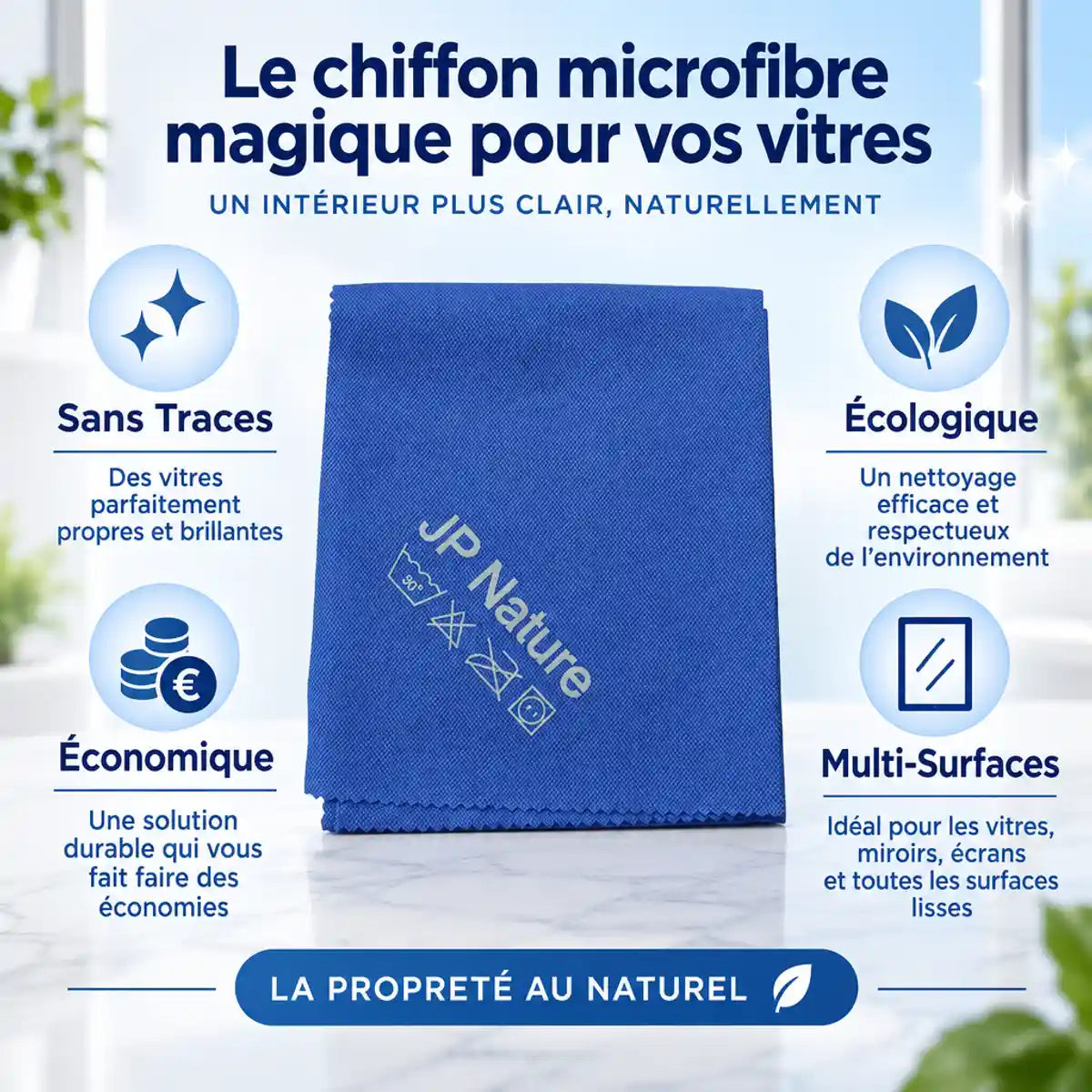 Chiffon microfibre JP Nature pour vitres sans traces, écologique et économique avec infographie des 4 avantages