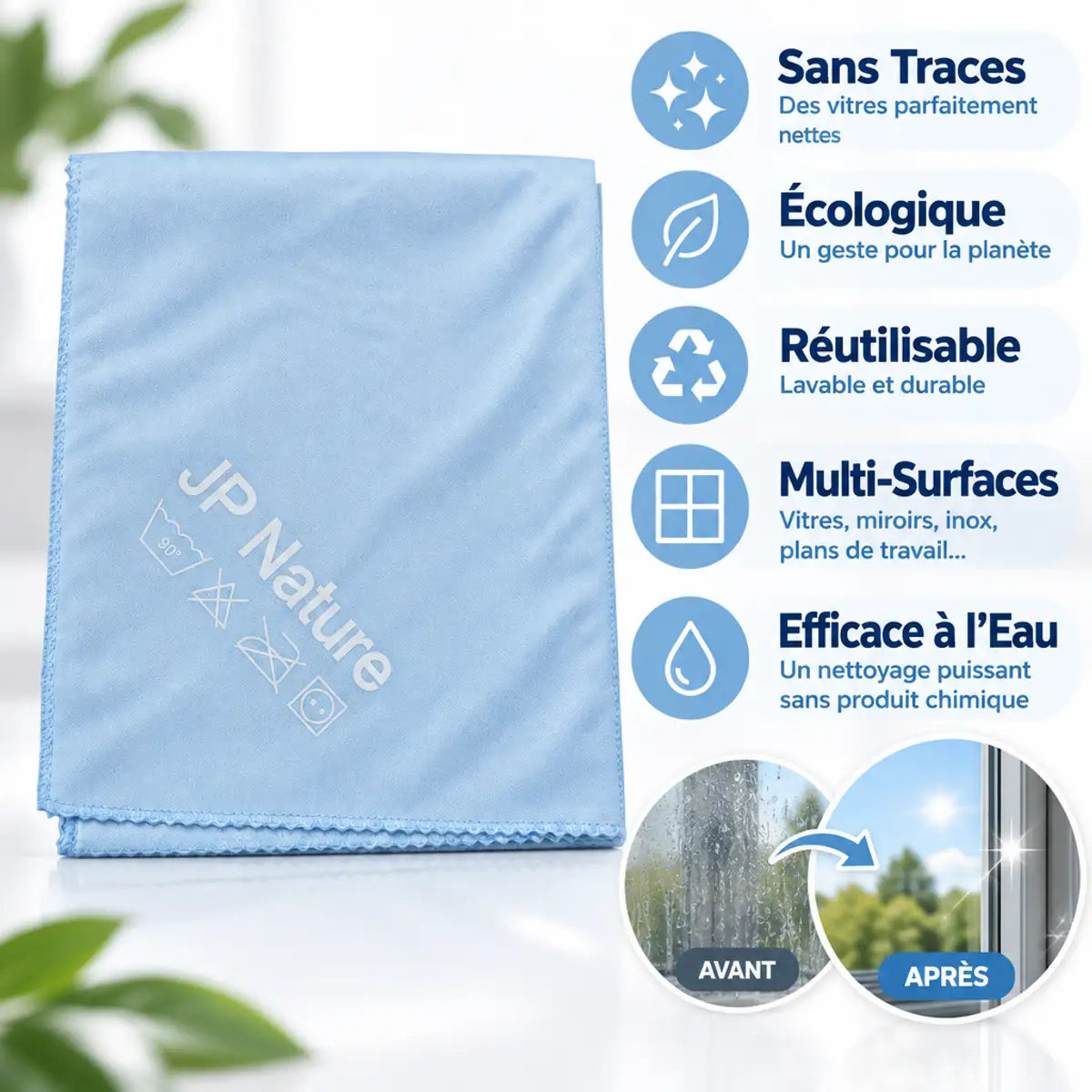 Chiffon Magique JP Nature pour vitres - Sans traces, écologique et réutilisable avec infographie des 5 bénéfices