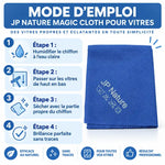 Chiffon magique JP Nature pour vitres avec guide d'utilisation en 4 étapes illustré