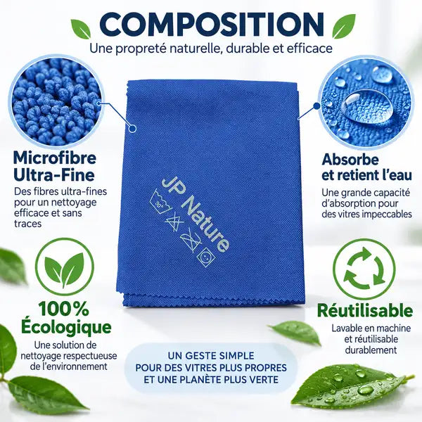 Chiffon magique JP Nature pour vitres, microfibre écologique réutilisable avec composition détaillée